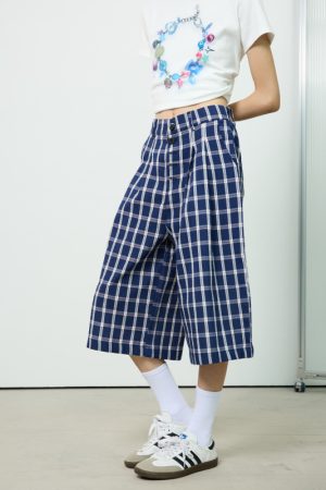 American Retro Blue and White Checkered Loose Wide-Leg Three-Quarter Pants for Women - Casual Y2K Style