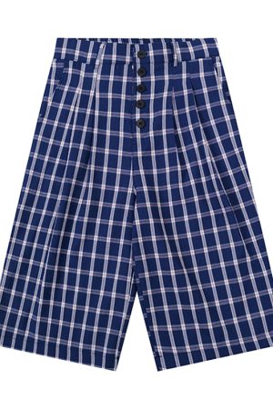 American Retro Blue and White Checkered Loose Wide-Leg Three-Quarter Pants for Women - Casual Y2K Style