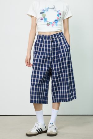 American Retro Blue and White Checkered Loose Wide-Leg Three-Quarter Pants for Women - Casual Y2K Style