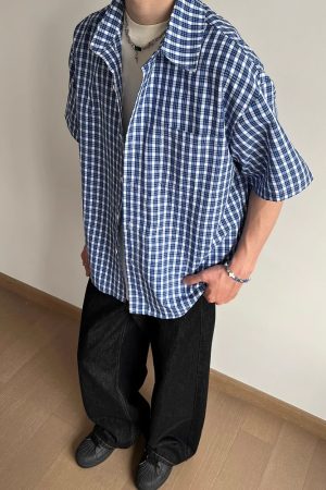 American Retro Blue Plaid Short Sleeve Shirt for Men and Women - Casual Loose Summer Fashion