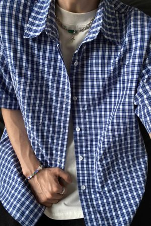 American Retro Blue Plaid Short Sleeve Shirt for Men and Women - Casual Loose Summer Fashion