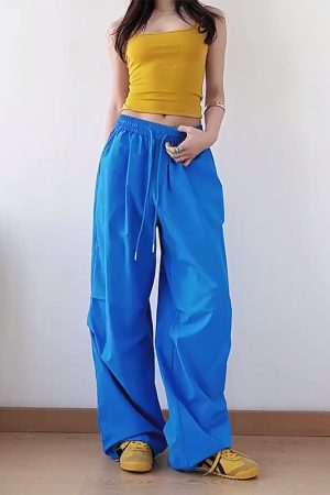 American Retro Blue Wide-Leg Cargo Pants for Women - Summer Loose Fit Casual Sports Floor-Length Trousers