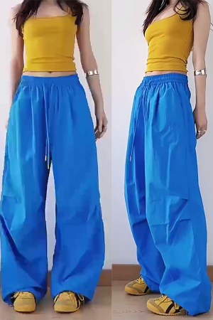 American Retro Blue Wide-Leg Cargo Pants for Women - Summer Loose Fit Casual Sports Floor-Length Trousers