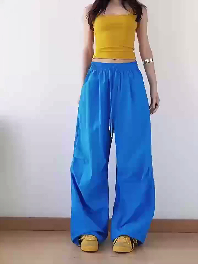 American Retro Blue Wide-Leg Cargo Pants for Women - Summer Loose Fit Casual Sports Floor-Length Trousers American Retro Blue Wide-Leg Cargo Pants for Women - Summer Loose Fit Casual Sports Floor-Length Trousers