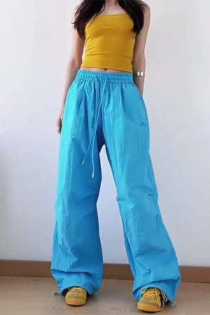 American Retro Blue Wide-Leg Cargo Pants for Women - Summer Loose Fit Casual Sports Floor-Length Trousers