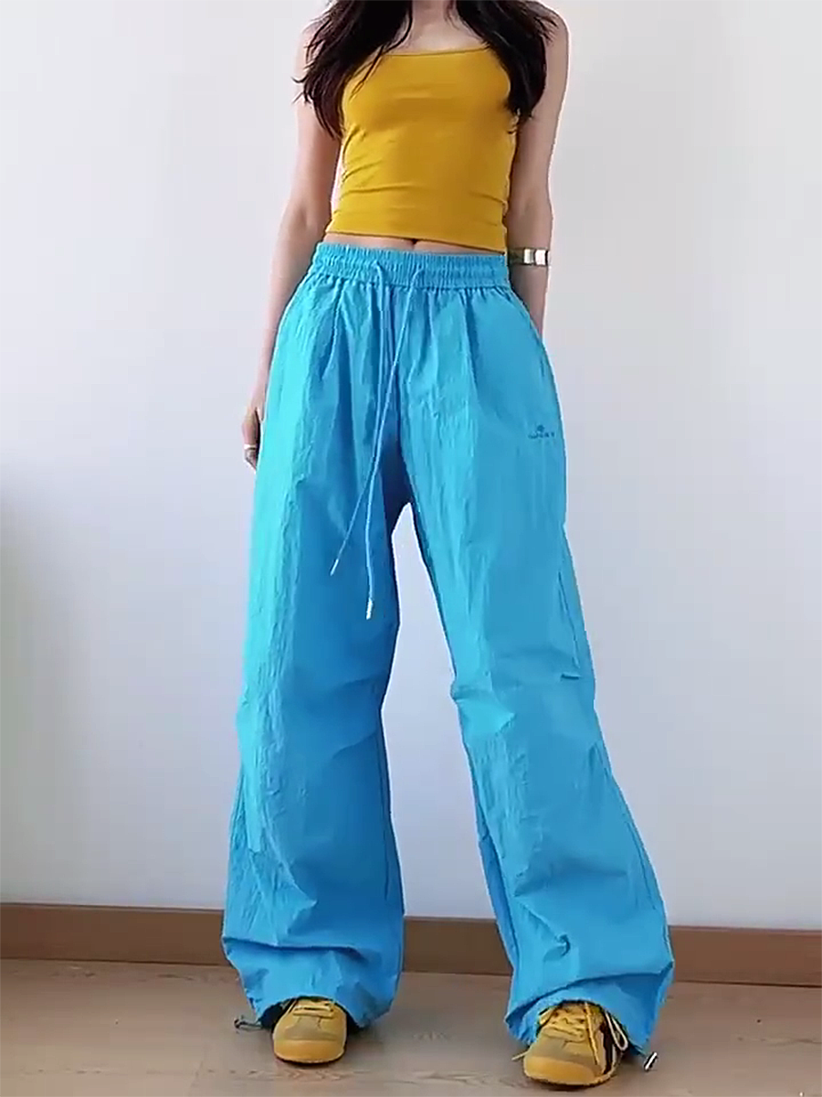 American Retro Blue Wide-Leg Cargo Pants for Women - Summer Loose Fit Casual Sports Floor-Length Trousers American Retro Blue Wide-Leg Cargo Pants for Women - Summer Loose Fit Casual Sports Floor-Length Trousers