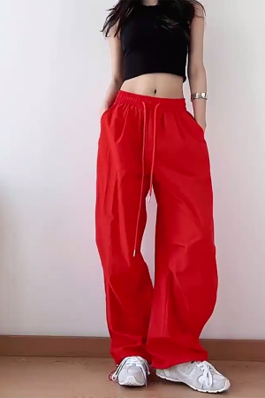 American Retro Blue Wide-Leg Cargo Pants for Women - Summer Loose Fit Casual Sports Floor-Length Trousers