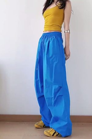 American Retro Blue Wide-Leg Cargo Pants for Women - Summer Loose Fit Casual Sports Floor-Length Trousers