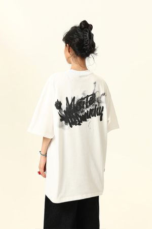 American Retro Blurry Letter Short Sleeve T-Shirt for Men and Women - Heavyweight Pure Cotton Summer Couple Tee