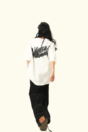 American Retro Blurry Letter Short Sleeve T-Shirt for Men and Women - Heavyweight Pure Cotton Summer Couple Tee