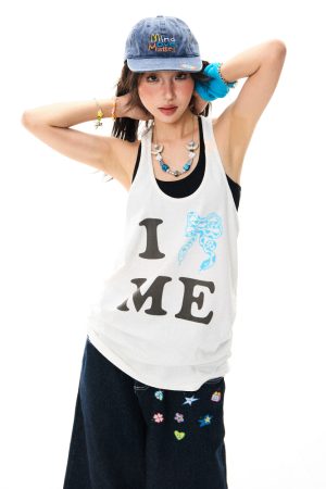 American Retro Bow Tie Tank Top for Women - Summer Casual Mid-Length Sleeveless Top, Y2K Style