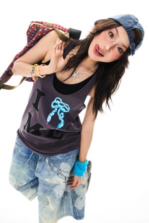 American Retro Bow Tie Tank Top for Women - Summer Casual Mid-Length Sleeveless Top, Y2K Style