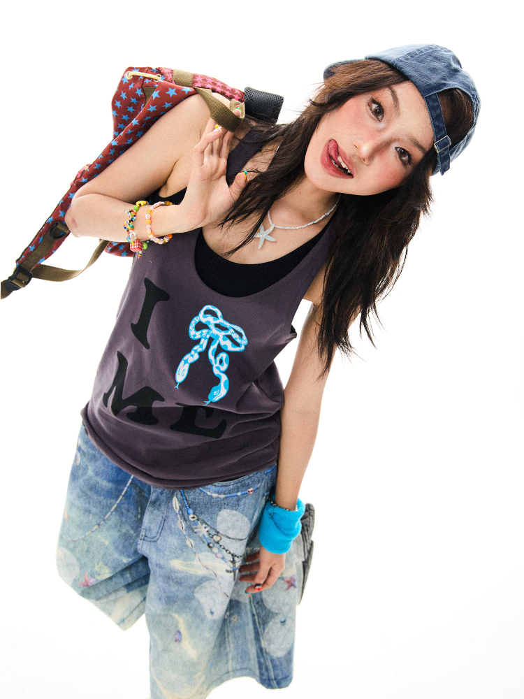 American Retro Bow Tie Tank Top for Women - Summer Casual Mid-Length Sleeveless Top, Y2K Style American Retro Bow Tie Tank Top for Women - Summer Casual Mid-Length Sleeveless Top, Y2K Style