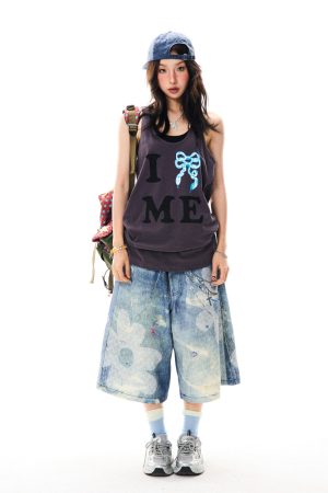 American Retro Bow Tie Tank Top for Women - Summer Casual Mid-Length Sleeveless Top, Y2K Style