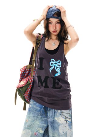 American Retro Bow Tie Tank Top for Women - Summer Casual Mid-Length Sleeveless Top, Y2K Style