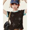 American Retro Brown Round Neck Short Sleeve T-Shirt for Women - Rhinestone Slim Fit Summer Top, 90s Inspired Fashion