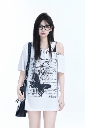 American Retro Butterfly Graffiti Off-Shoulder Short-Sleeve T-Shirt for Women â€“ Trendy Y2K Niche Style for Hot Girls