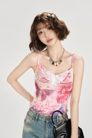 American Retro Butterfly Mesh Camisole - Spicy Girl Slim Fit Summer Top for Women, Y2K Style, Trendy and Chic