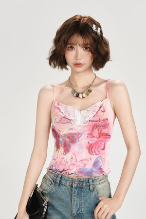 American Retro Butterfly Mesh Camisole - Spicy Girl Slim Fit Summer Top for Women, Y2K Style, Trendy and Chic