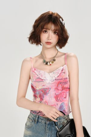 American Retro Butterfly Mesh Camisole - Spicy Girl Slim Fit Summer Top for Women, Y2K Style, Trendy and Chic