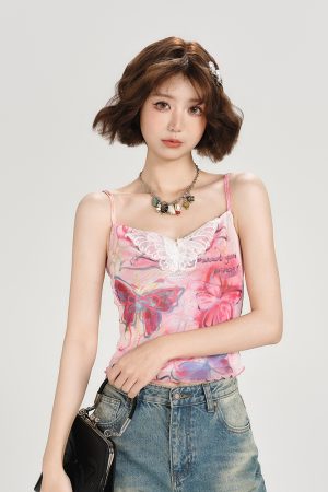American Retro Butterfly Mesh Camisole - Spicy Girl Slim Fit Summer Top for Women, Y2K Style, Trendy and Chic