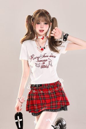 American Retro Butterfly Print Short Sleeve T-Shirt for Girls, Summer Ruffled Drawstring Slim Fit Cropped Top, Y2K Style