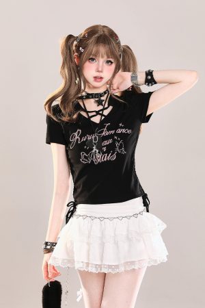 American Retro Butterfly Print Short Sleeve T-Shirt for Girls, Summer Ruffled Drawstring Slim Fit Cropped Top, Y2K Style