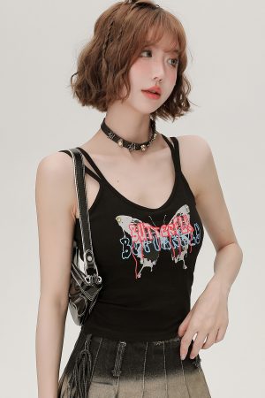 American Retro Butterfly Strap Camisole for Women - Fitted Summer Tank Top with Chest Pads, Spicy Girl Style