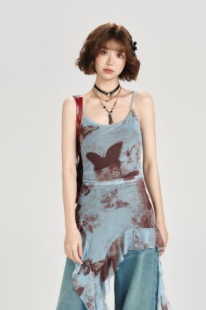 American Retro Butterfly Strap Dress for Women - Summer Mesh Floating Ribbon Design, Slim Fit, Girly Style