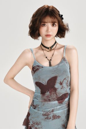 American Retro Butterfly Strap Dress for Women - Summer Mesh Floating Ribbon Design, Slim Fit, Girly Style