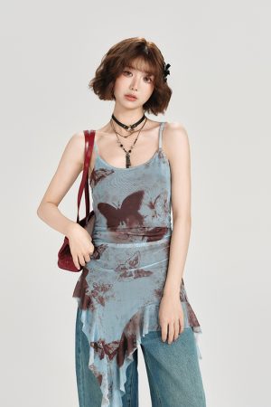 American Retro Butterfly Strap Dress for Women - Summer Mesh Floating Ribbon Design, Slim Fit, Girly Style