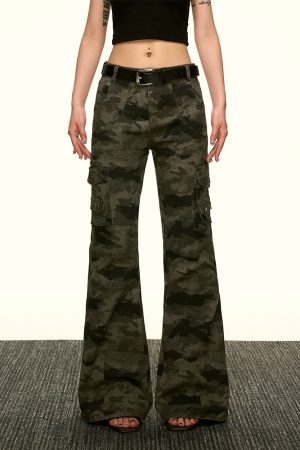 American Retro Camouflage Multi-Pocket Work Pants for Women - Summer Slim Flared Wide-Leg Floor-Length Style