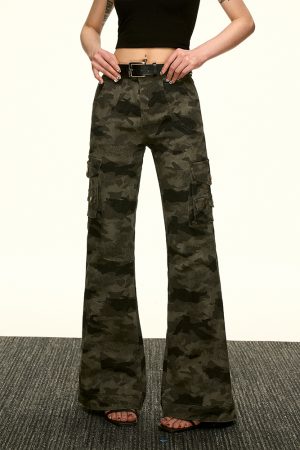 American Retro Camouflage Multi-Pocket Work Pants for Women - Summer Slim Flared Wide-Leg Floor-Length Style