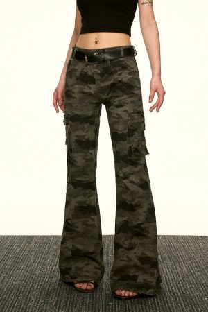 American Retro Camouflage Multi-Pocket Work Pants for Women - Summer Slim Flared Wide-Leg Floor-Length Style
