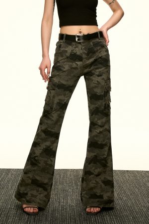 American Retro Camouflage Multi-Pocket Work Pants for Women - Summer Slim Flared Wide-Leg Floor-Length Style