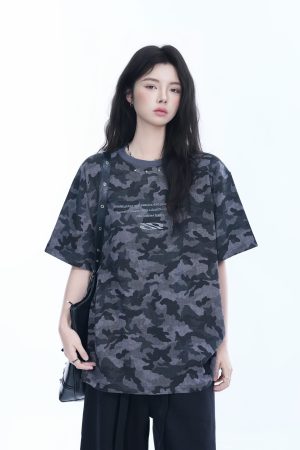 American Retro Camouflage Oversized Short Sleeve T-Shirt for Women - Summer Loose Fit Tee with Graphic Design