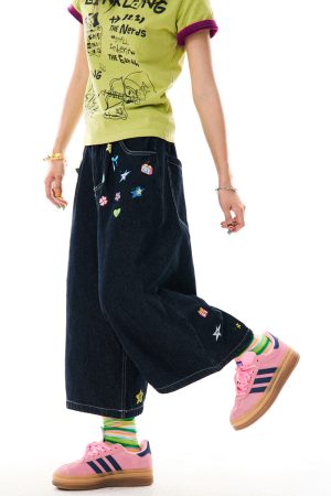 American Retro Cartoon Printed Denim Shorts for Women - Loose Fit, Versatile Seven-Point Wide-Leg Style