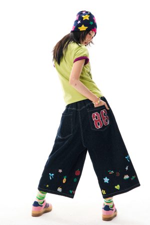 American Retro Cartoon Printed Denim Shorts for Women - Loose Fit, Versatile Seven-Point Wide-Leg Style