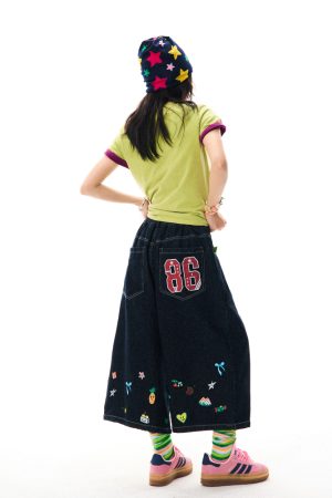 American Retro Cartoon Printed Denim Shorts for Women - Loose Fit, Versatile Seven-Point Wide-Leg Style
