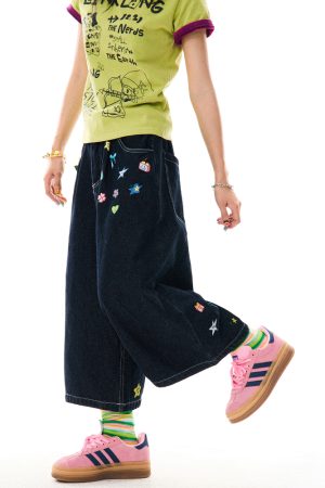 American Retro Cartoon Printed Denim Shorts for Women - Loose Fit, Versatile Seven-Point Wide-Leg Style