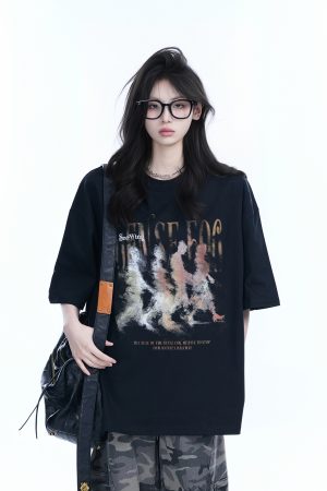 American Retro Character Black Short-Sleeve T-Shirt for Women - Summer Heavy Loose Round Neck Trendy Tee