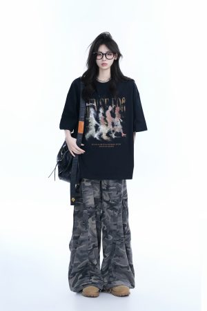 American Retro Character Black Short-Sleeve T-Shirt for Women - Summer Heavy Loose Round Neck Trendy Tee