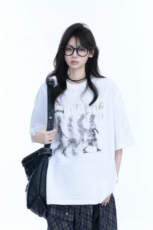 American Retro Character Black Short-Sleeve T-Shirt for Women - Summer Heavy Loose Round Neck Trendy Tee