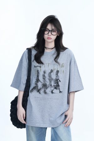 American Retro Character Black Short-Sleeve T-Shirt for Women - Summer Heavy Loose Round Neck Trendy Tee