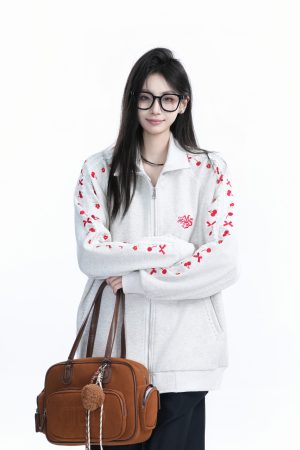 American Retro Cherry Bow Embroidered Cardigan Sweatshirt for Women - Plush Loose Zip-Up Jacket, Y2K Inspired Fashion