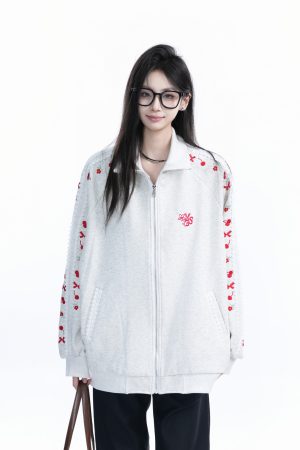 American Retro Cherry Bow Embroidered Cardigan Sweatshirt for Women - Plush Loose Zip-Up Jacket, Y2K Inspired Fashion