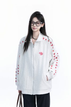 American Retro Cherry Bow Embroidered Cardigan Sweatshirt for Women - Plush Loose Zip-Up Jacket, Y2K Inspired Fashion
