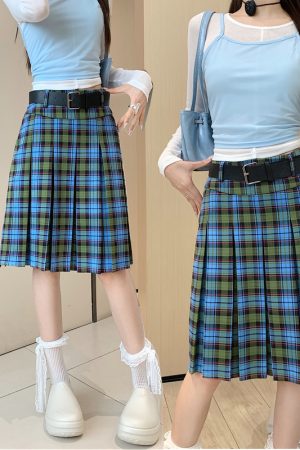 American Retro College Style Scottish Plaid Pleated Skirt - Women's Mid-Length A-Line Checkered Summer Skirt