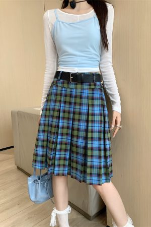 American Retro College Style Scottish Plaid Pleated Skirt - Women's Mid-Length A-Line Checkered Summer Skirt