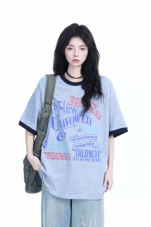 American Retro Color-Block Round Neck Short Sleeve T-Shirt for Women - Loose Fit Summer Style, Casual Couple Top